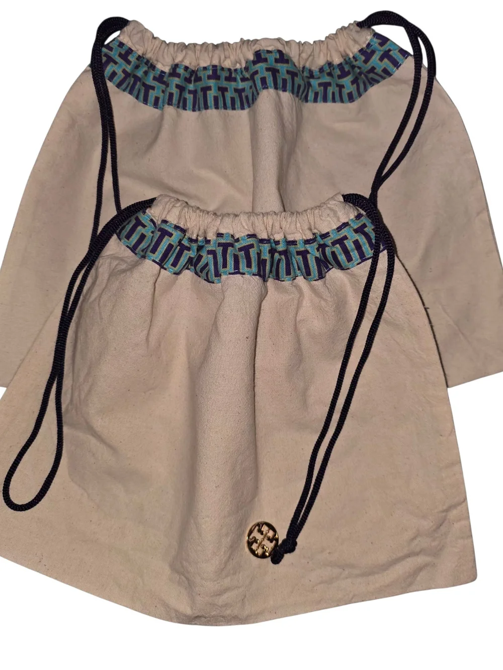 Tory Burch Beige Drawstring Dust Bag with Blue Trim- 3 Piece Set